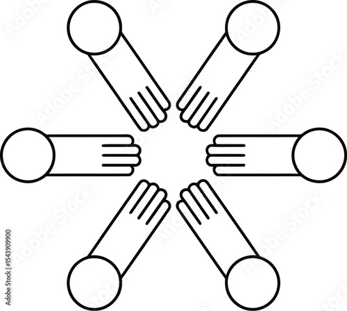 Geometric arrangement of six hands with circular wrists in a radial pattern
