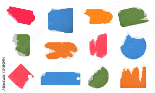 Paper price stickers. Retro labels with torn worn out edges, colorful old ripped product tags in various shapes and realistic textured adhesive paper badges for scrapbooking vector set.