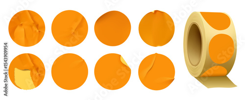 Round paper stickers. Crumpled paper circle, wrinkled and ripped sticker template for price tag or label design. Orange circular labels on tape roll isolated vector set.