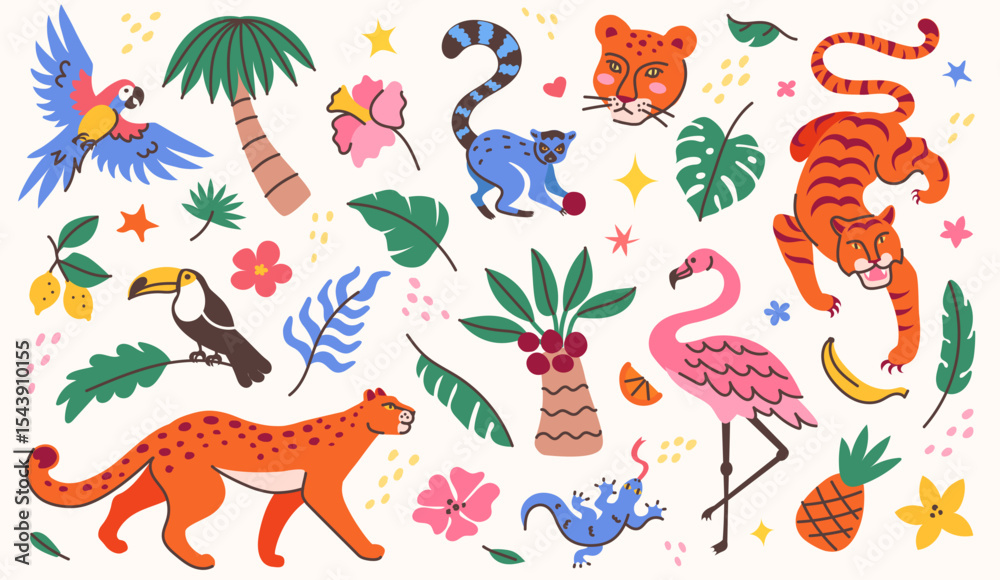 Fototapeta premium Tropical animals and plants doodles. Jungle wildlife cartoon tiger, leopard, parrot, toucan, flamingo and monkey, exotic palm trees, monstera leaves and flowers. Exotic vector illustration set.
