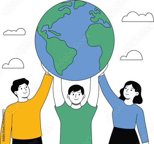 Three people holding up a globe with clouds in the background illustration