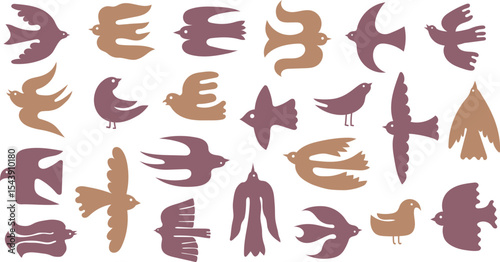 Simple bird silhouettes. Flying dove, abstract pigeon, minimalist sparrow and swallow figure. Peace and freedom birds scandinavian style decorative vector icons set.