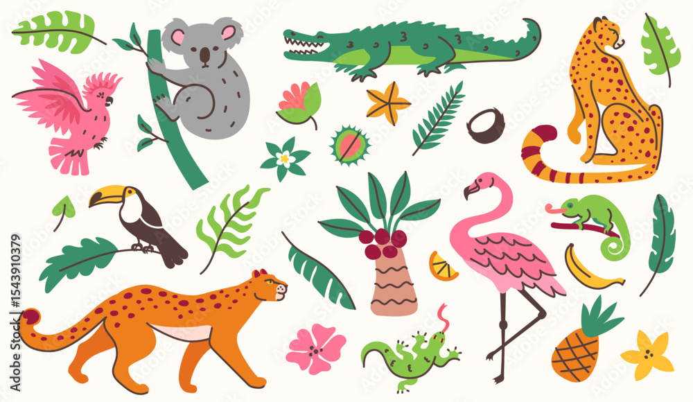 Fototapeta premium Jungle animals, birds and plants. Tropical nature leaves, flowers and fruits. Exotic reptiles crocodile, chameleon and lizard. Cartoon koala and leopards, flamingo and toucan vector illustration set.