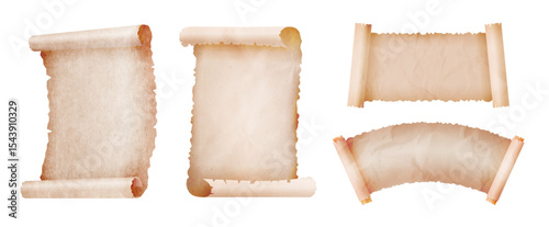 Parchment scroll templates. Ancient paper scrolls, old manuscript rolls and vintage document banners with rolled edges. Aged textured sheet with burnt edges, classic diploma borders mockup vector set.