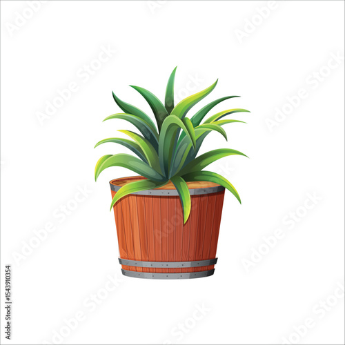 Green plant in wooden barrel pot illustration