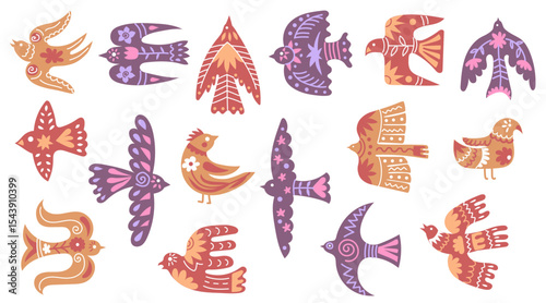 Birds with folk ornaments. Scandinavian dove silhouettes decorated with flowers, branches and abstract patterns. Flying swallow bird floral designs, decorative botanical style vector illustration set.