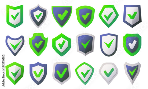 Shields with check marks. Trust and security icons with protective shield badge and approving tick symbol. Product certification and validation tags isolated vector set.
