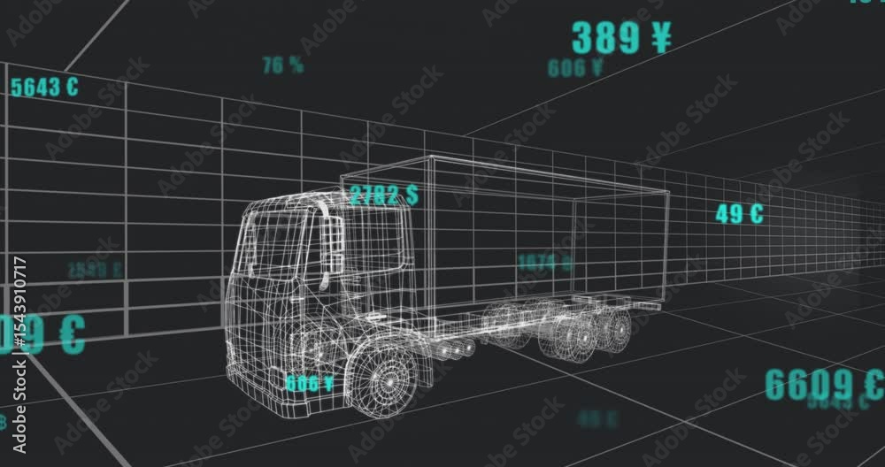 Upon startup, wireframe truck staying static while turquoise currency metrics updating around grid