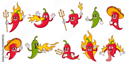 Evil hot pepper characters. Burning hot sauce mascots, flaming peppers, devil chili and Mexican villain. Fire breathing red dragon, spicy scorpion and tabasco retro 1930s vector set.