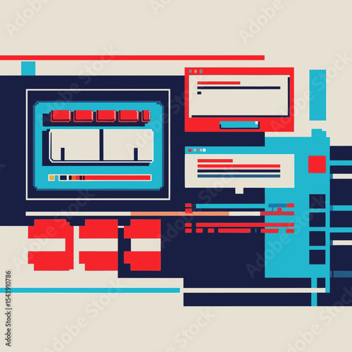 Pixel art game interface with health bar and 8-bit retro futurism typography, vector image