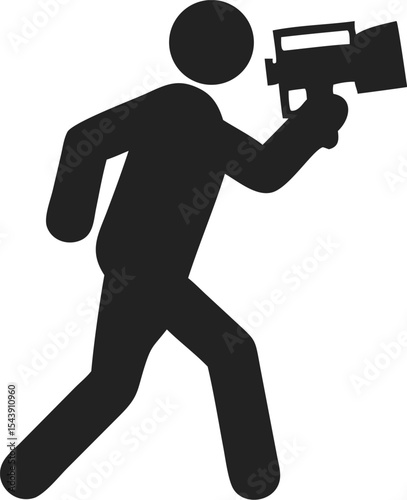 Black Silhouette of Running Person Holding Video Camera – Simple Rounded Head and Body Shape in Motion Capturing Action, Filming, Dynamic Media Concept Minimal Vector for Content Creation, Videography