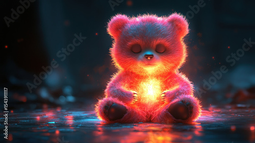 A small, pink teddy bear, seemingly glowing with inner light, sits on a dark, reflective surface
