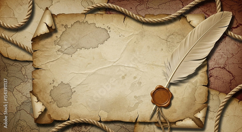 Aged paper with a feather quill and wax seal against a map background and rope border design