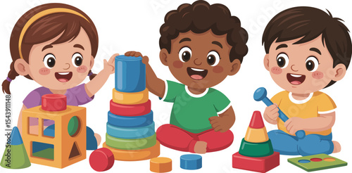 Three cartoon children playing with colorful geometric shape sorting toys
