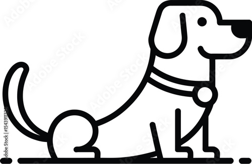 A simple black and white line drawing of a dog sitting with a collar on