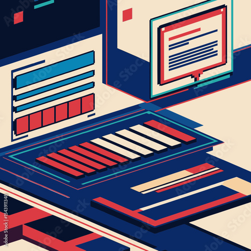 Pixel art game interface with health bar and 8-bit retro futurism typography, vector image
