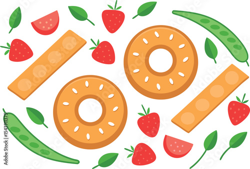Playful flatlay arrangement of fruits vegetables and bagels on white background