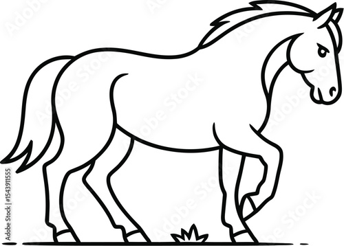A minimalist line drawing of a horse standing on a grassy plain surface
