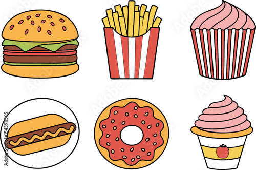Simple cartoon illustration of various common junk food items