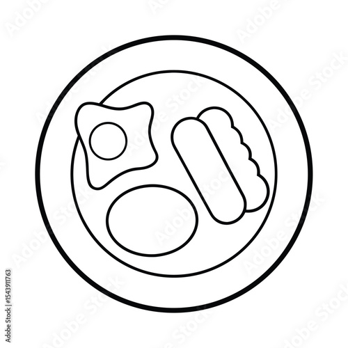 Breakfast plate of egg toast and sausage drawn in balanced outline style Vector illustration