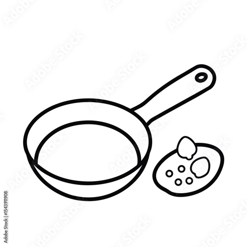 Breakfast skillet of mixed ingredients illustrated in detailed clean lines Vector illustration