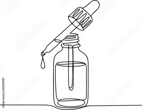 Continuous line drawing of a glass dropper bottle with liquid, minimalist black and white design

