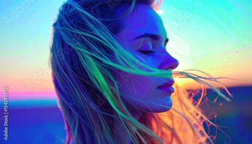 A close up of a woman with long hair blowing in the wind