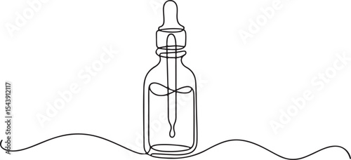 Continuous line drawing of a glass dropper bottle with liquid, minimalist black and white design

