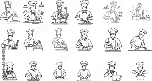 chefs cooking icons set line art vector