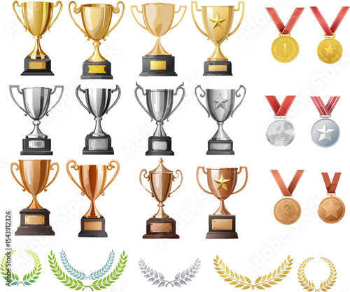 Trophy and Medal Vector Set – Gold, Silver, and Bronze Award Collection for Sports, Competitions, and Achievements