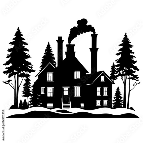 Suburban home silhouette with chimney smoke and trees, cozy neighborhood feel”