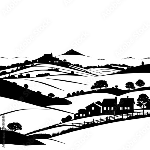 Line art village on hill silhouette, contour line drawing, idyllic countryside”