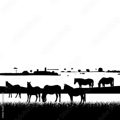  “Farm animals silhouette in field, cows and horses, rural landscape composition”
