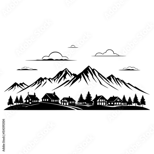 Mountain village silhouette panorama line art, minimalistic contour, black on white,