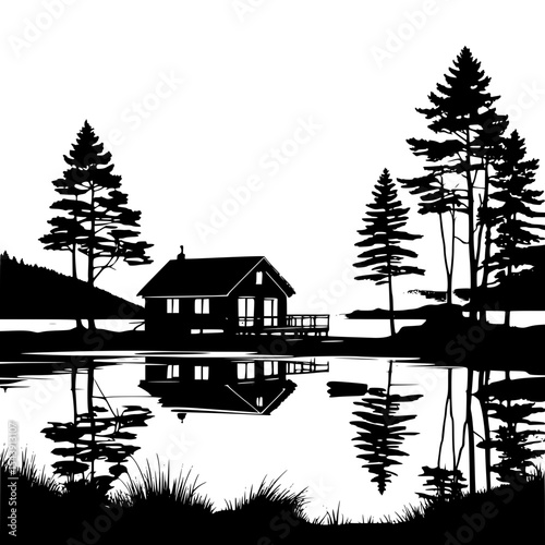 Rural landscape continuous one-line drawing, lakeside cabin silhouette, nature vector design”