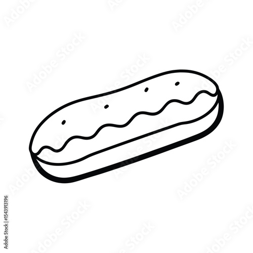 Chocolate eclair with glossy glaze presented in refined clean line drawing Vector illustration