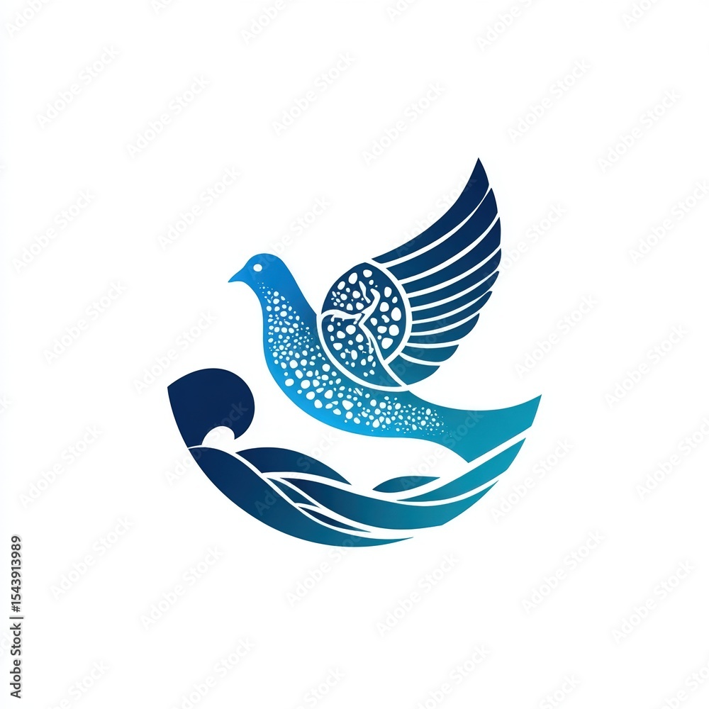 Obraz premium Modern gradient logo of a stylized dove in flight with wave and land motifs and a symbolic tree of life pattern within its wing