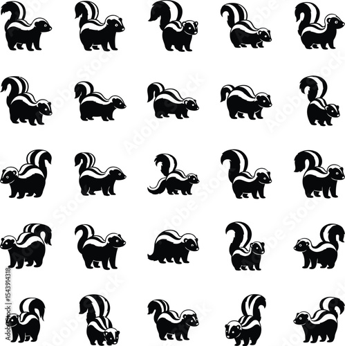 Collection of black and white skunk illustrations