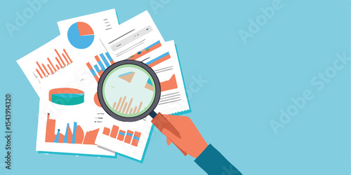 Data Analytics and Market Research Concept with Magnifying Glass and Business Charts – Financial Report Analysis, Performance Metrics, and Insight Visualization.