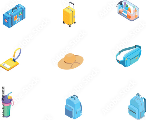 Travel Accessories 3D Isometric Vector Icon Set – Luggage, Hat, Toiletry Bag, Backpack, Passport Holder
