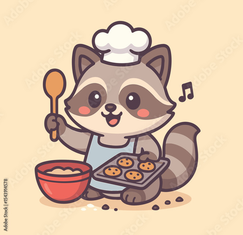 Cute raccoon wearing chef hat partying cartoon vector icon illustration animal celebration icon 