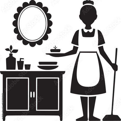 Silhouette of a maid with a tray and mop next to a cabinet with a mirror on the wall above it