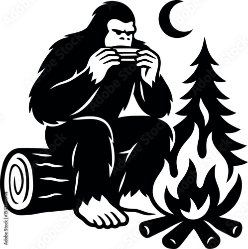 Bigfoot Rolling a Joint by the Campfire Under the Moon