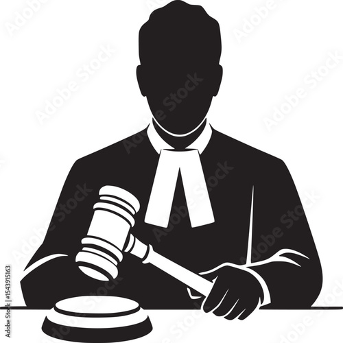 Silhouette of judge with gavel on desk wearing robe and collar in black and white illustration
