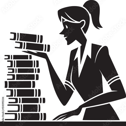 Silhouette of a woman with ponytail holding a stack of books in black and white illustration style