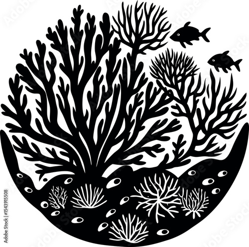 Coral Reef Underwater Vector Silhouette On White Background