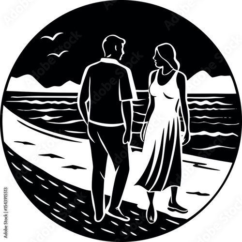 Couple Walking On Beach Vector Silhouette On White Background