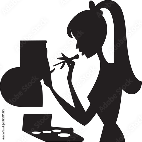 Silhouette of a woman applying makeup with a brush in front of a mirror and makeup palette