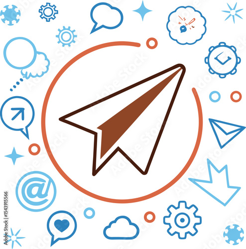 Stylized Paper Plane Icon with Blue and Orange Communication Symbols on White Background