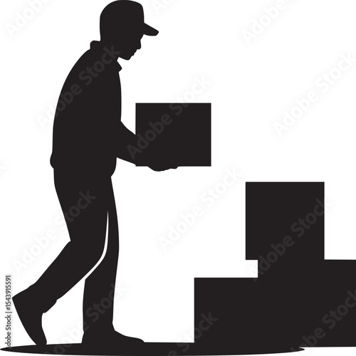 Silhouette of delivery person carrying a box with stacked boxes in a minimalist black and white scene